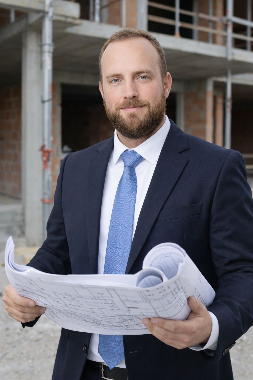 Man in a navy suit and blue tie stands at a construction site, holding rolled blueprints.