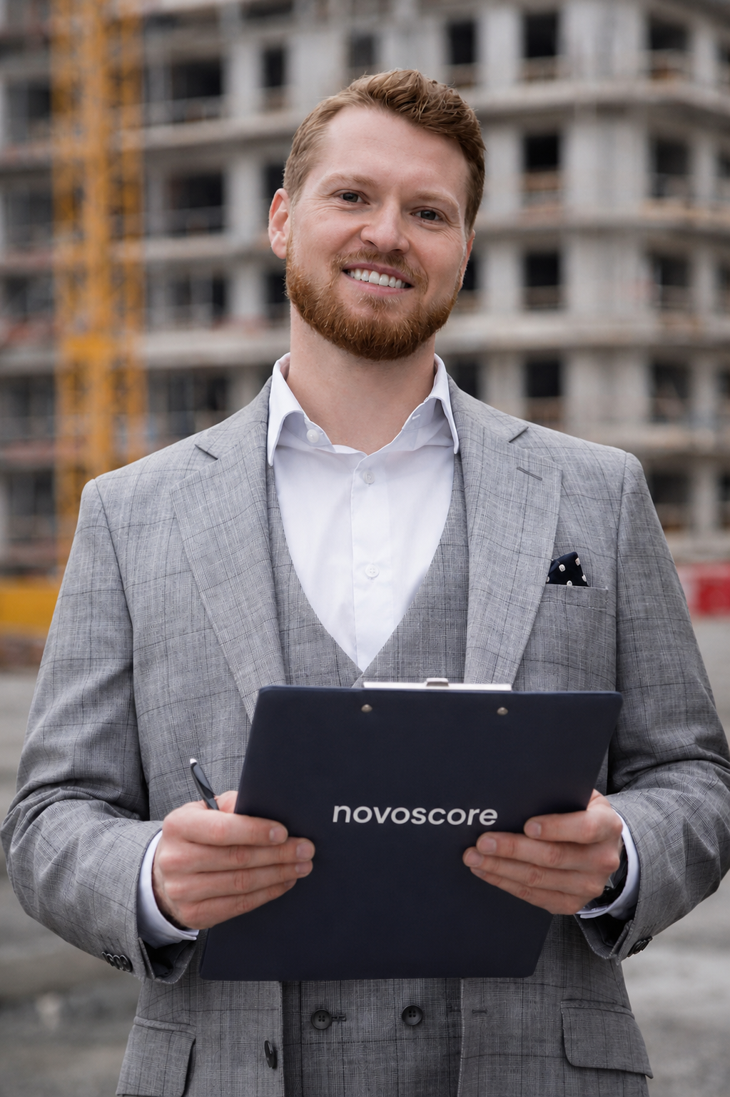 Man in a gray suit holding a navy NovoScore clipboard at a construction site, smiling at the camera.