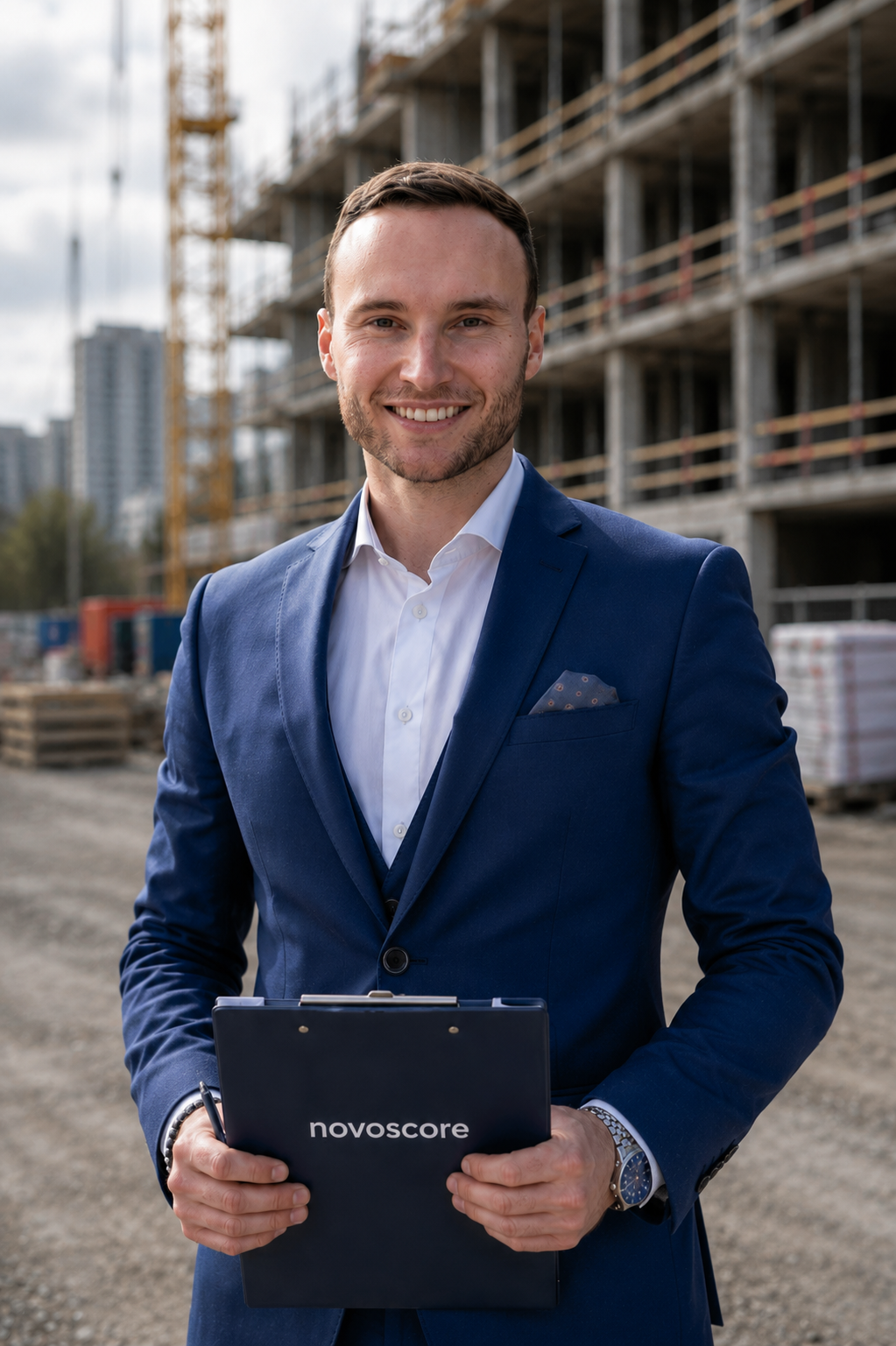 Man in a blue suit smiling at the camera, holding a clipboard labeled 'novoscore' at a construction site.